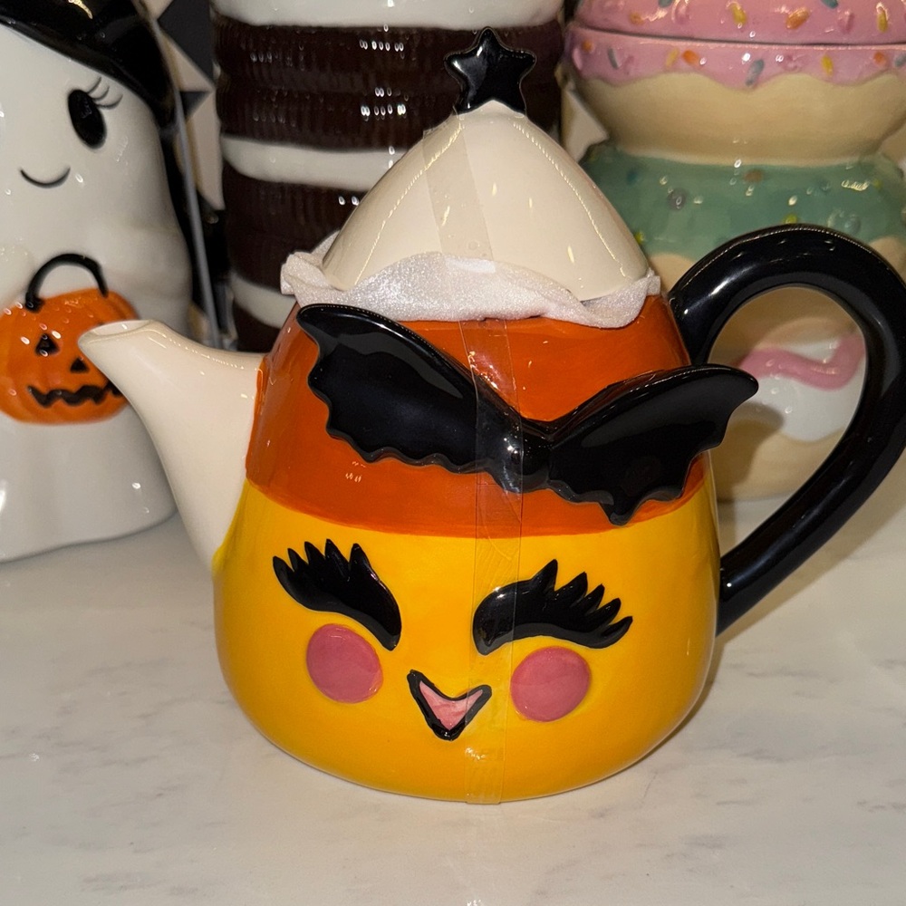 Halloween Candy Corn with bath wings bow Themed Ceramic Teapot